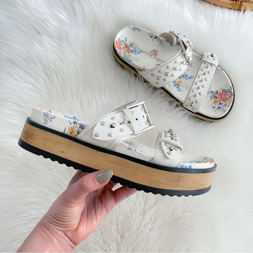 Alexander McQueen Platform Sandals Slides Studded Cream Leather Flower Print